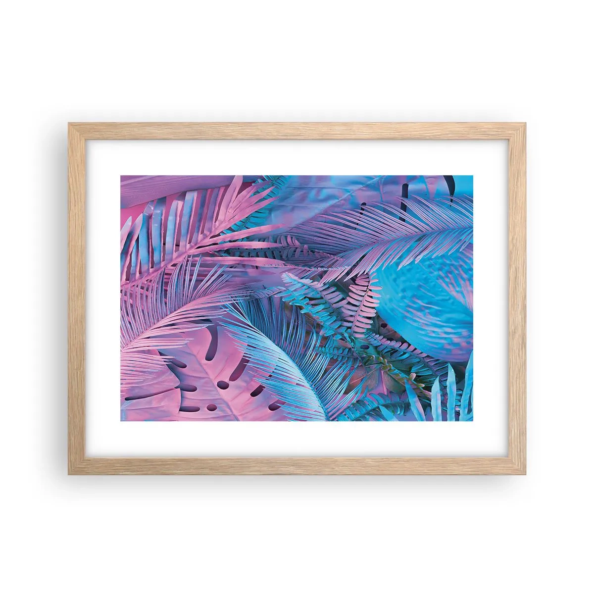 Affiche dans un chêne clair - Poster - Les tropiques en rose et bleu - 40x30 cm