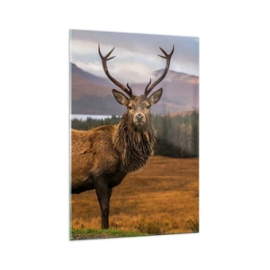 Impression sur verre - Image sur verre - Un cerf sur fond de paysage de montagne avec des lacs et des forêts - 70x100cm - Majesté de la nature - Décoration murale moderne pour le salon et la chambre ARTTOR