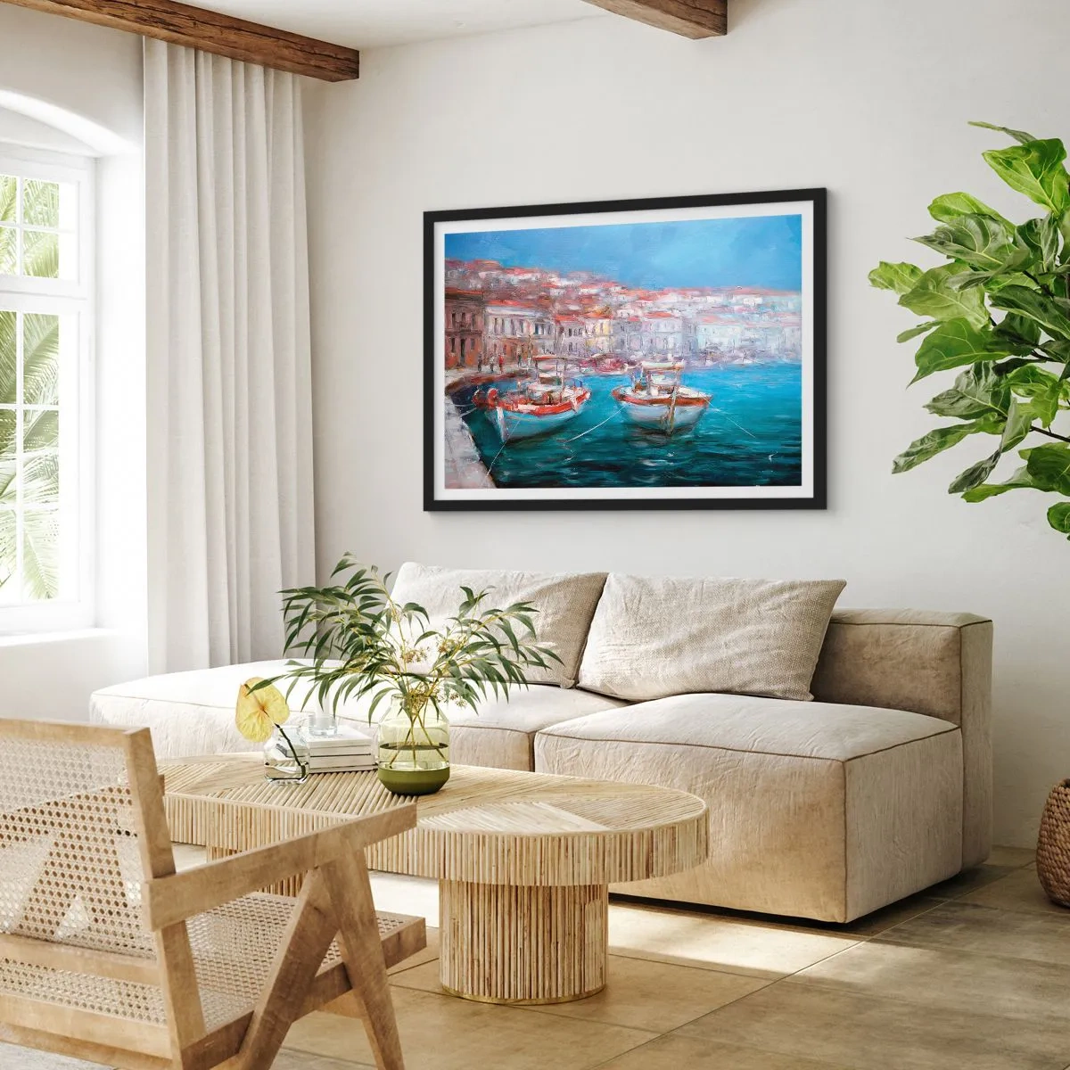 Affiche dans un cadre noir - Poster - Bateaux dans une baie italienne pittoresque - 100x70cm - Baie italienne - Décoration murale moderne pour le salon et la chambre ARTTOR