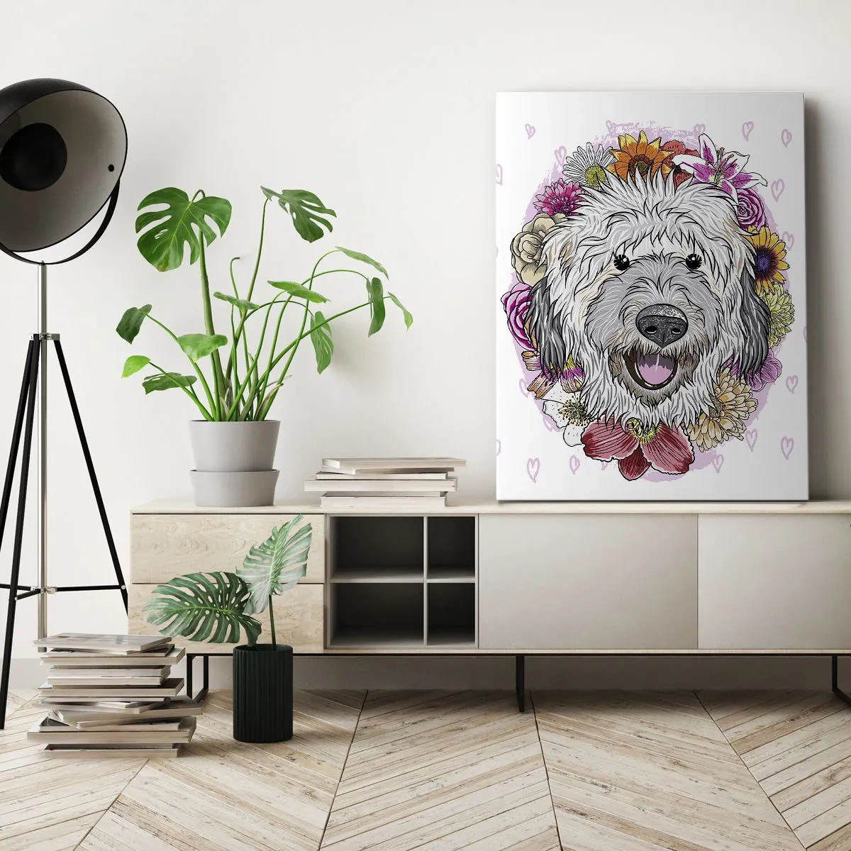 Impression sur toile - Image sur toile - Un chien entouré de fleurs colorées - 70x100cm - La joie du chiot - Décoration murale moderne pour le salon et la chambre ARTTOR