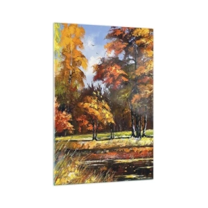 Impression sur verre - Image sur verre - Paysage d'automne avec des arbres colorés et un étang - 70x100cm - Paysage en or et bronze - Décoration murale moderne pour le salon et la chambre ARTTOR