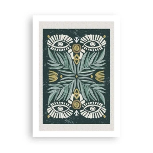 Affiche - Poster - Motif symétrique avec des feuilles et des yeux sur un fond sombre - 50x70cm - Comme une découpe folklorique - Décoration murale moderne pour le salon et la chambre ARTTOR