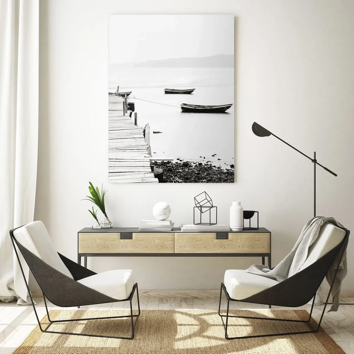 Impression sur verre - Image sur verre - Vue en noir et blanc d'une jetée en bois sur un lac - 50x70cm - Calme et propre au bord de l'eau - Décoration murale moderne pour le salon et la chambre ARTTOR