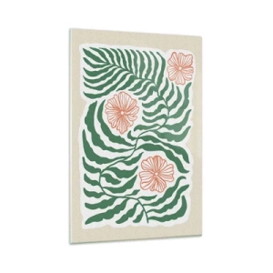 Impression sur verre - Image sur verre - Un motif minimaliste de feuilles vertes avec des fleurs dans des tons orange. - 80x120cm - Fleurit en vert - Décoration murale moderne pour le salon et la chambre ARTTOR