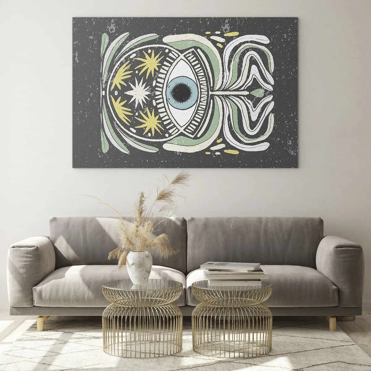 Impression sur verre - Image sur verre - Œil graphique avec ornementation tribale sur fond sombre - 70x50cm - Rituels tribaux - Décoration murale moderne pour le salon et la chambre ARTTOR