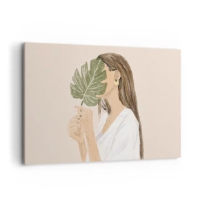 Impression sur toile - Image sur toile - Portrait d'une femme avec une feuille de monstera sur fond beige - 120x80cm - Portrait mystérieux avec un éventail - Décoration murale moderne pour le salon et la chambre ARTTOR