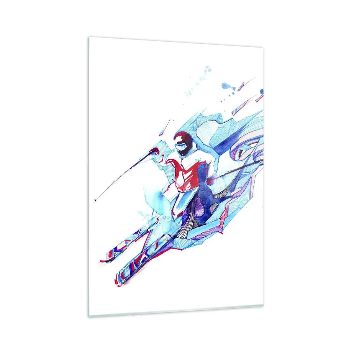 Impression sur verre - Image sur verre - Une figure dynamique d'un skieur aux couleurs abstraites - 50x70cm - Ruée folle vers la joie - Décoration murale moderne pour le salon et la chambre ARTTOR