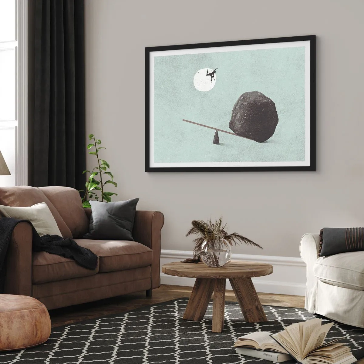 Affiche dans un cadre noir - Poster - Une scène symbolique avec une figure et un équilibre sur un ciel lumineux. - 70x50cm - Réalisation de ses rêves - Décoration murale moderne pour le salon et la chambre ARTTOR