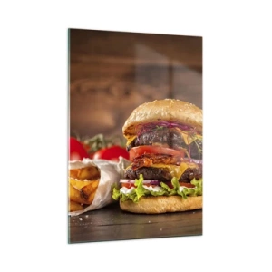 Impression sur verre - Image sur verre - Burger juteux avec garnitures et frites sur fond de bois - 50x70cm - Le fruit défendu - Décoration murale moderne pour le salon et la chambre ARTTOR
