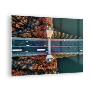 Impression sur verre - Image sur verre - Vue aérienne du pont avec une disposition symétrique des câbles et des voitures - 70x50cm - Au dessus de l'eau et de la forêt - Décoration murale moderne pour le salon et la chambre ARTTOR