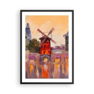 Affiche dans un cadre noir - Poster - Une interprétation picturale du célèbre moulin à vent avec la ville en toile de fond - 50x70cm - Icones parisiennes – le Moulin rouge - Décoration murale moderne pour le salon et la chambre ARTTOR