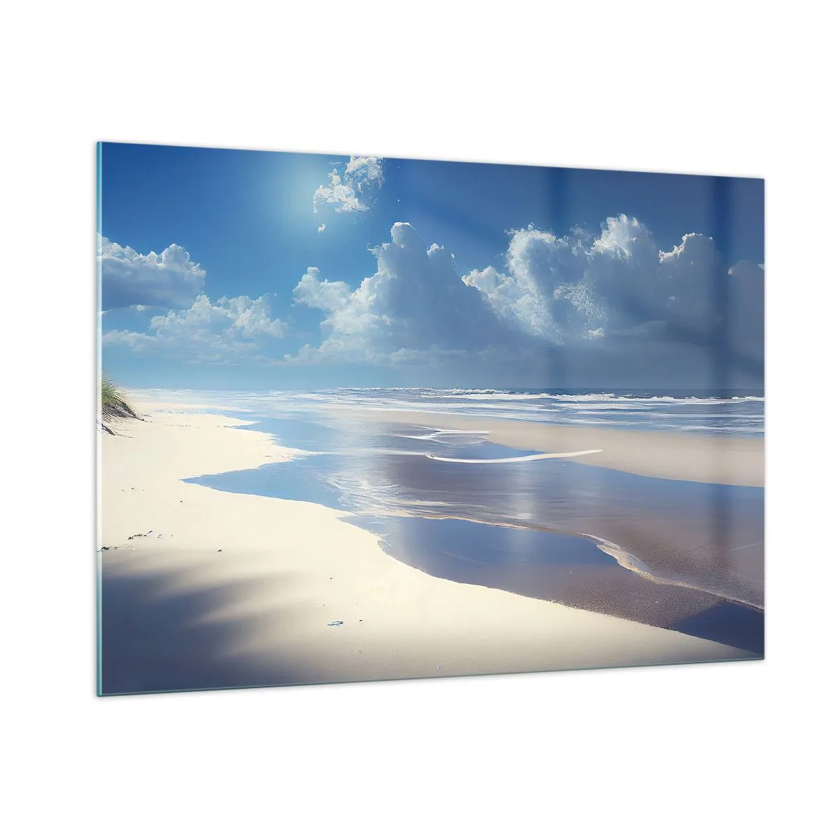Impression sur verre - Image sur verre - Une large plage de sable et des vagues calmes sous un ciel bleu - 100x70cm - Des vacances paradisiaques - Décoration murale moderne pour le salon et la chambre ARTTOR