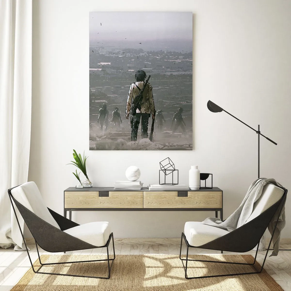 Impression sur verre - Image sur verre - Une silhouette avec une arme se tient devant un groupe dans un paysage dystopique. - 80x120cm - Dernier samaritain ? - Décoration murale moderne pour le salon et la chambre ARTTOR