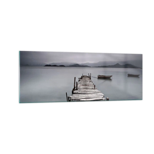 Impression sur verre - Image sur verre - Un pont en bois menant à la surface calme du lac - 140x50cm - Tu peux partir demain - Décoration murale moderne pour le salon et la chambre ARTTOR