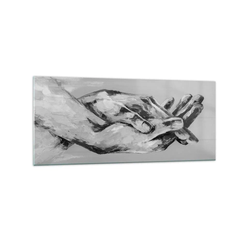 Impression sur verre - Image sur verre - Une composition en noir et blanc de deux mains jointes sur un fond clair. - 120x50cm - Début... - Décoration murale moderne pour le salon et la chambre ARTTOR