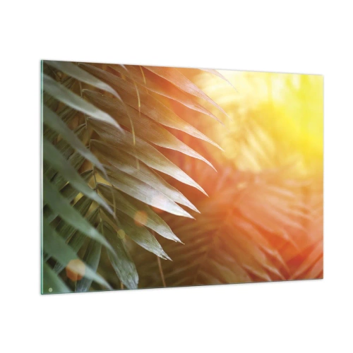 Impression sur verre - Image sur verre - Feuilles de palmier à la lueur du soleil du matin dans un cadre tropical - 100x70cm - Matinée dans la jungle - Décoration murale moderne pour le salon et la chambre ARTTOR