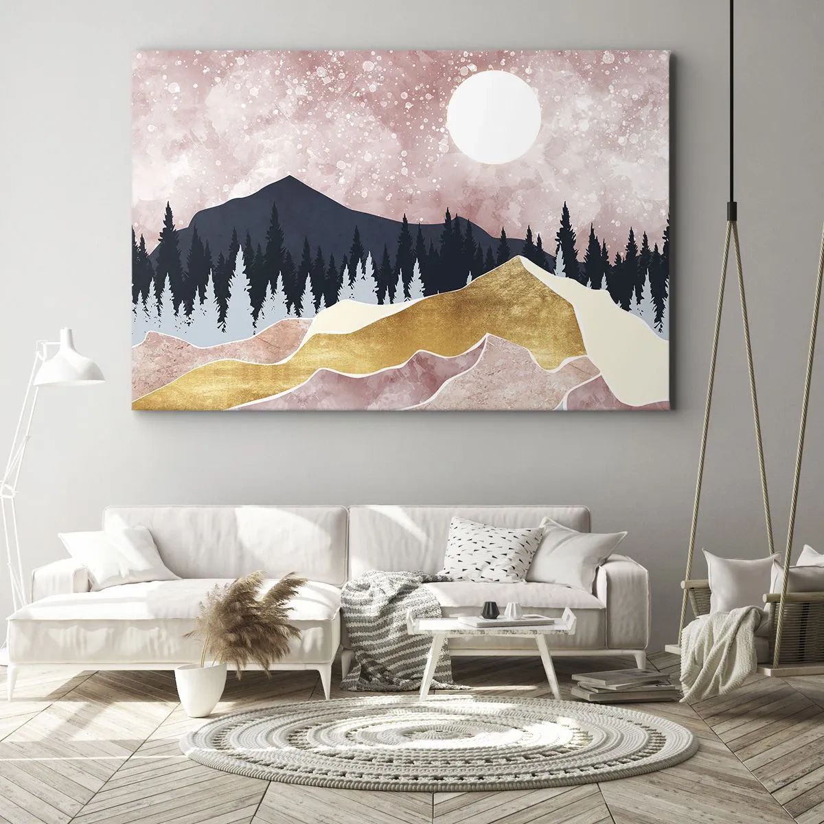 Impression sur toile - Image sur toile - Montagnes colorées contre un ciel rose avec une lune - 120x80cm - Gardien de la nuit - Décoration murale moderne pour le salon et la chambre ARTTOR