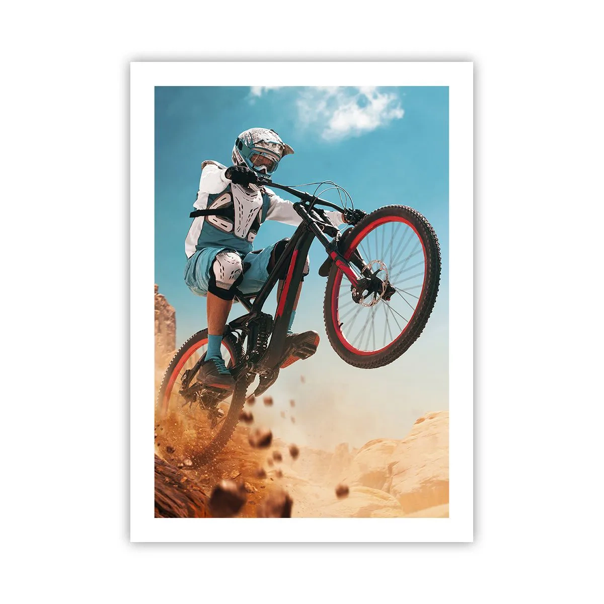 Affiche - Poster - Un vététiste effectue un saut dynamique dans un paysage désertique. - 50x70cm - Démon de la folie du vélo - Décoration murale moderne pour le salon et la chambre ARTTOR
