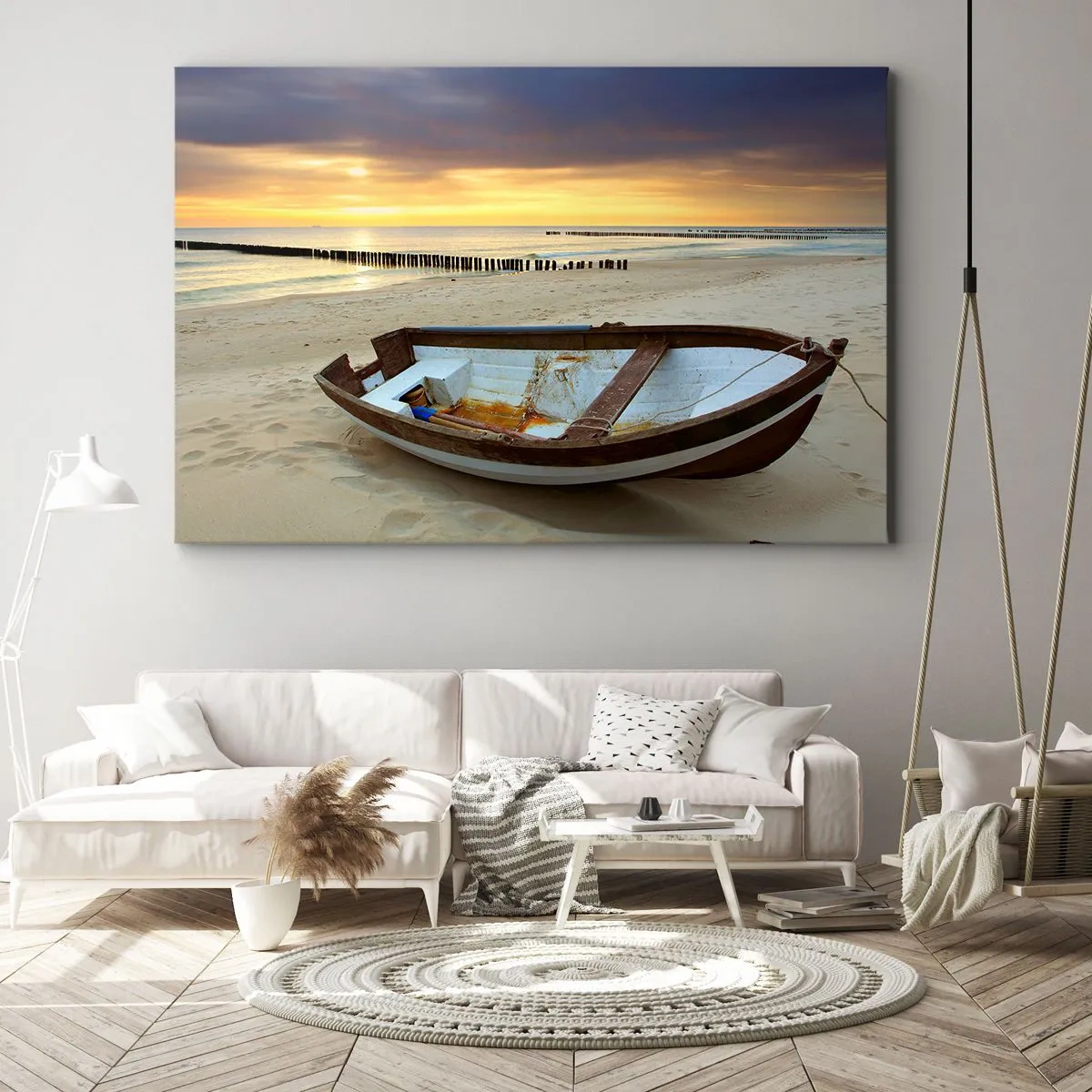 Impression sur toile - Image sur toile - Un bateau sur une plage de sable au coucher du soleil - 120x80cm - Il n'y a pas de plus belles plages - Décoration murale moderne pour le salon et la chambre ARTTOR