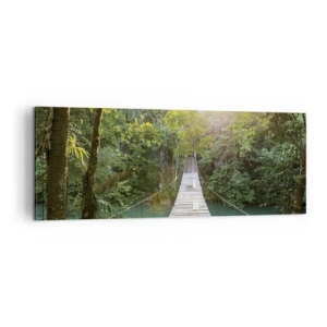 Impression sur toile - Image sur toile - Un pont suspendu dans une forêt tropicale illuminée par la lumière du soleil. - 140x50cm - De l'eau azur à la forêt azur - Décoration murale moderne pour le salon et la chambre ARTTOR