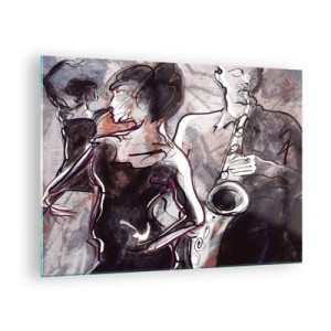 Impression sur verre - Image sur verre - Des danseurs et un saxophoniste dans un style de croquis artistique - 70x50cm - Ne faire qu'un avec la musique - Décoration murale moderne pour le salon et la chambre ARTTOR