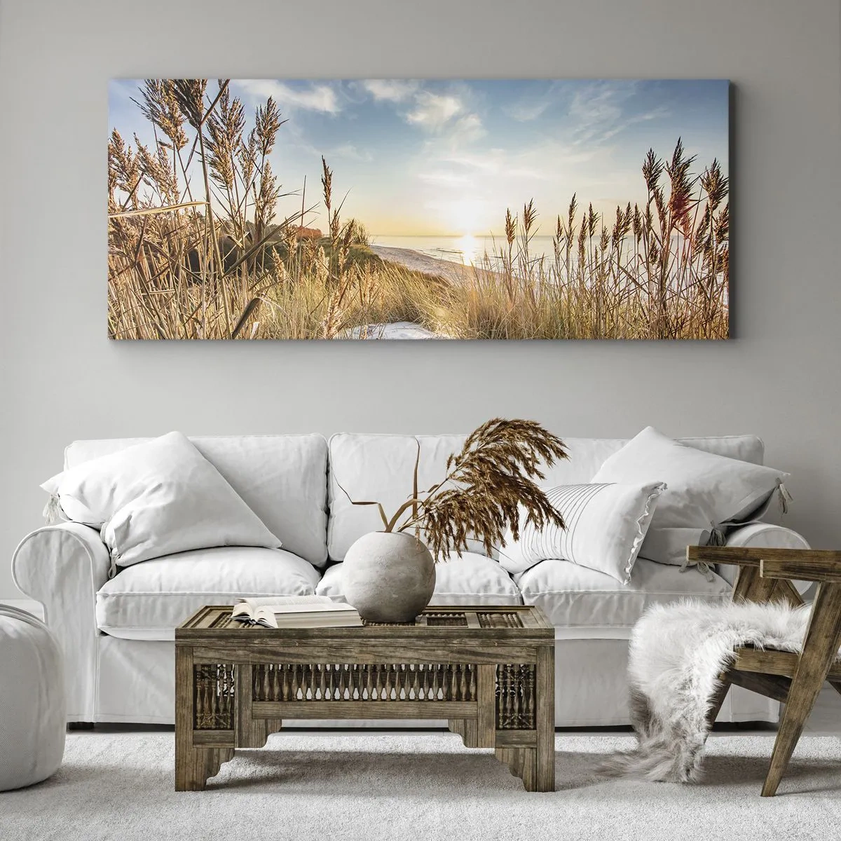 Impression sur toile - Image sur toile - Une plage pittoresque avec de l'herbe et le soleil couchant - 160x50cm - Plage du nord - Décoration murale moderne pour le salon et la chambre ARTTOR