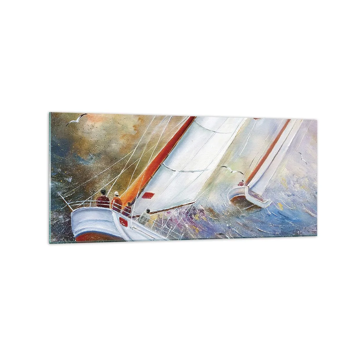 Impression sur verre - Image sur verre - Voiliers sur des vagues agitées dans une composition dynamique - 120x50cm - Concourir sur les vagues - Décoration murale moderne pour le salon et la chambre ARTTOR