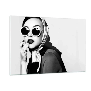 Impression sur verre - Image sur verre - Femme élégante avec des lunettes et un foulard noir et blanc - 120x80cm - Salutations des années 60 - Décoration murale moderne pour le salon et la chambre ARTTOR