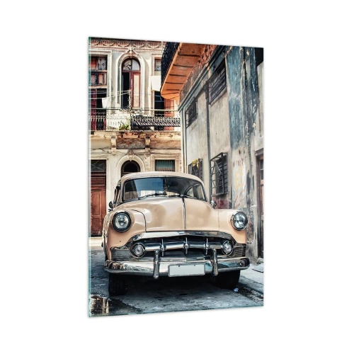 Impression sur verre - Image sur verre - Voiture rétro dans la rue de la vieille ville - 50x70cm - Sieste à La Havane - Décoration murale moderne pour le salon et la chambre ARTTOR