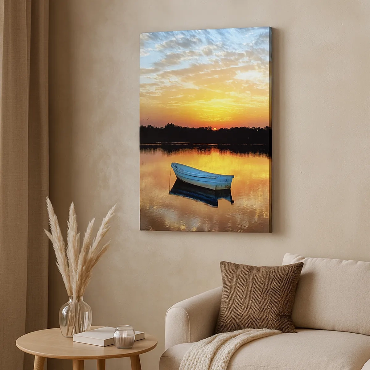 Impression sur toile - Image sur toile - Un bateau sur un lac calme au coucher du soleil - 50x70cm - Regardez, écoutez, méditez - Décoration murale moderne pour le salon et la chambre ARTTOR