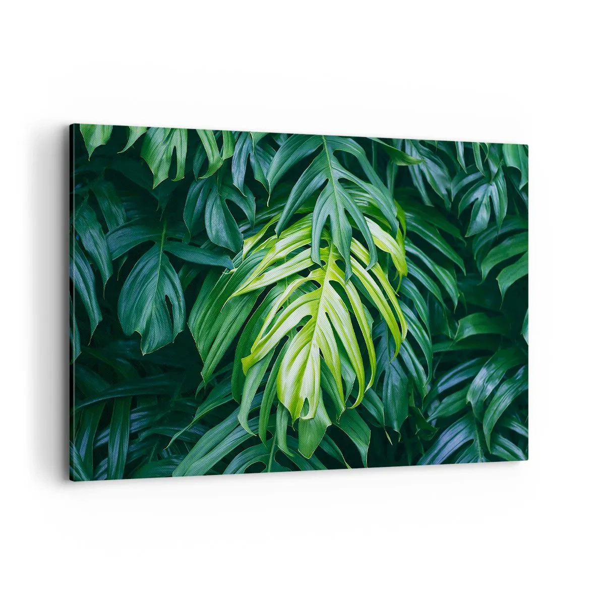 Impression sur toile - Image sur toile - Feuilles vertes dans un arrangement tropical dense - 120x80cm - Immergez-vous dans la fraîcheur - Décoration murale moderne pour le salon et la chambre ARTTOR