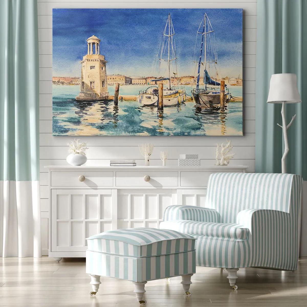 Impression sur toile - Image sur toile - Marina avec bateaux sur fond de lagon bleu - 70x50cm - Lagune ensoleillée - Décoration murale moderne pour le salon et la chambre ARTTOR