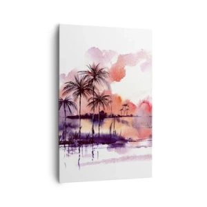 Impression sur toile - Image sur toile - Paysage tropical avec palmiers au coucher du soleil à l'aquarelle - 80x120cm - La tranquillité des tropiques en rouge - Décoration murale moderne pour le salon et la chambre ARTTOR