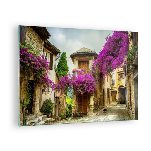 Impression sur verre - Image sur verre - Une rue charmante avec des vignes roses en fleurs et des maisons de rapport - 70x50cm - Sous un dais fleuri - Décoration murale moderne pour le salon et la chambre ARTTOR