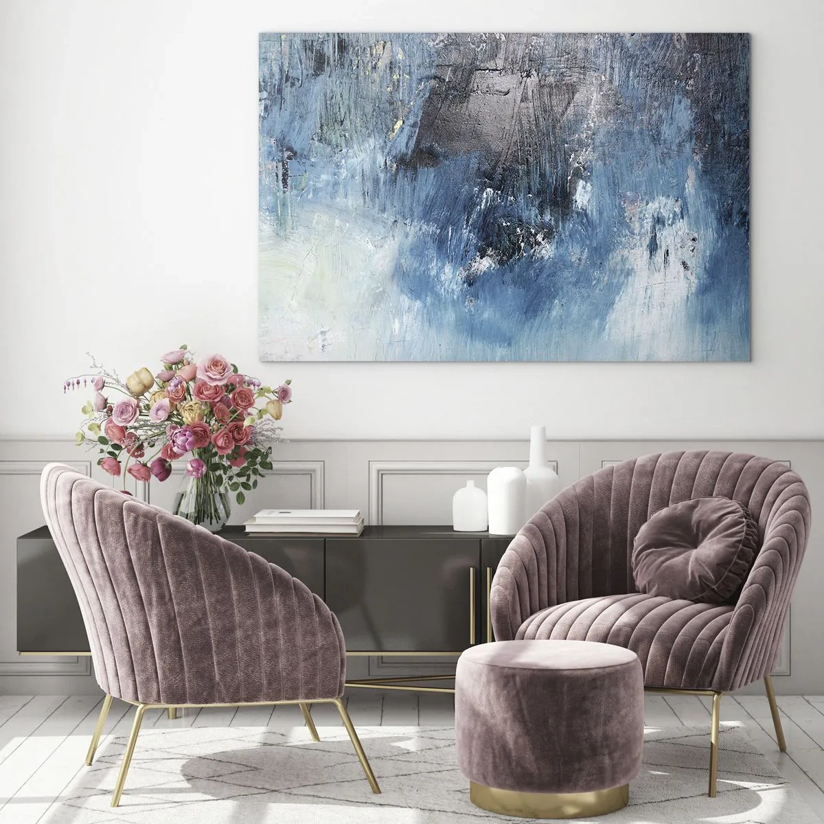 Impression sur verre - Image sur verre - Composition abstraite dans les tons de bleu - 100x70cm - Rhapsodie en bleu - Décoration murale moderne pour le salon et la chambre ARTTOR