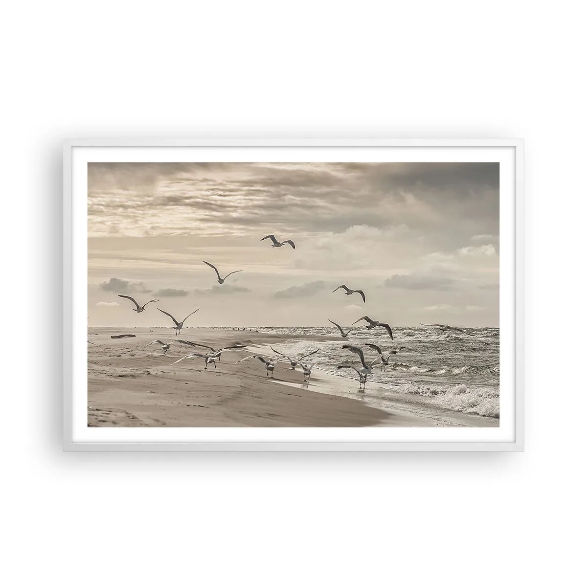 Affiche dans un cadre blanc - Poster - Le bruit de la mer, le chant des oiseaux - 91x61 cm