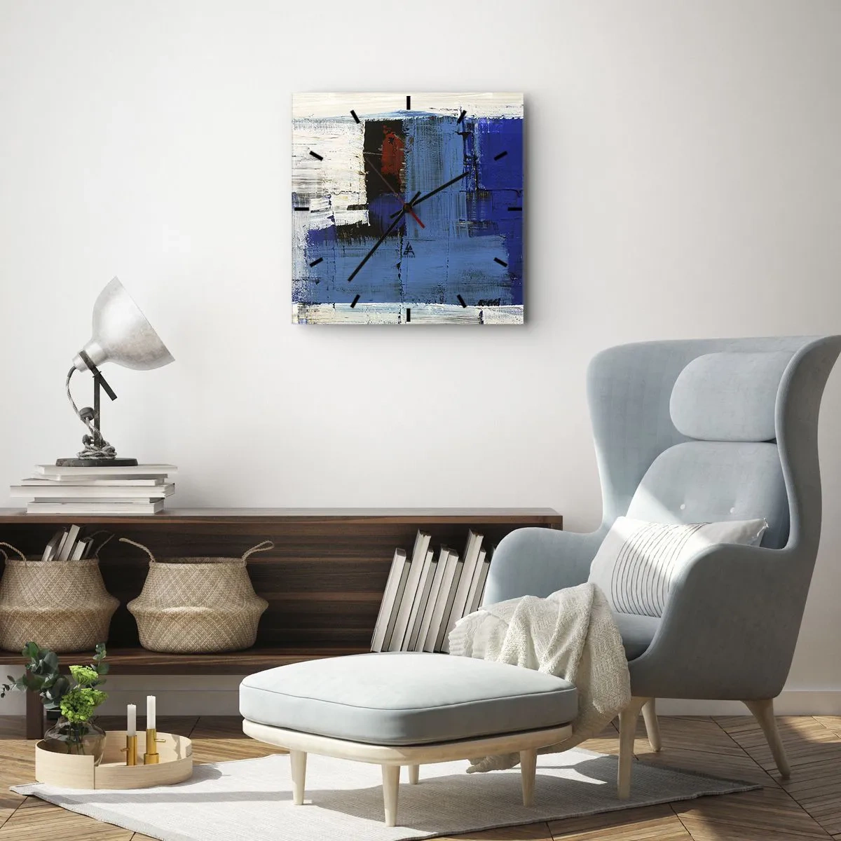 Horloge murale - Pendule murale - Composition abstraite dans les tons de bleu et de blanc - 30x30cm - Secret de bleu - Décoration murale moderne pour le salon et la chambre ARTTOR
