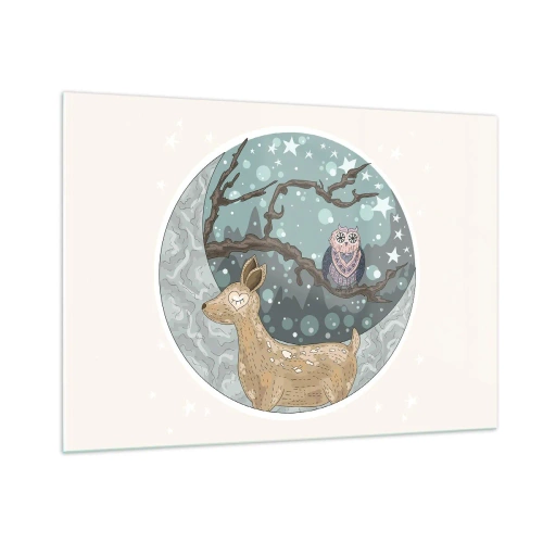 Impression sur verre - Image sur verre - Illustration d'un cerf et d'un hibou dans un décor magique - 100x70cm - Une nuit de conte de fées en forêt  - Décoration murale moderne pour le salon et la chambre ARTTOR