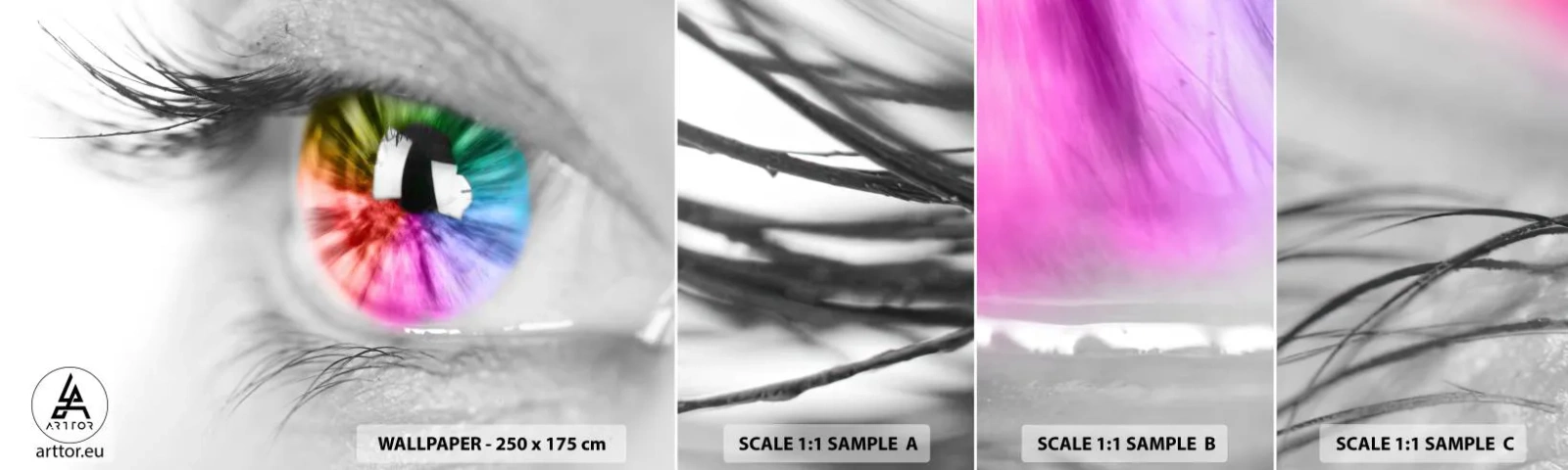 Échantillon De Papier Peint Standard Eco - Regarde le monde en couleur - Abstraction, Oeil coloré, 3D - 100x30 cm