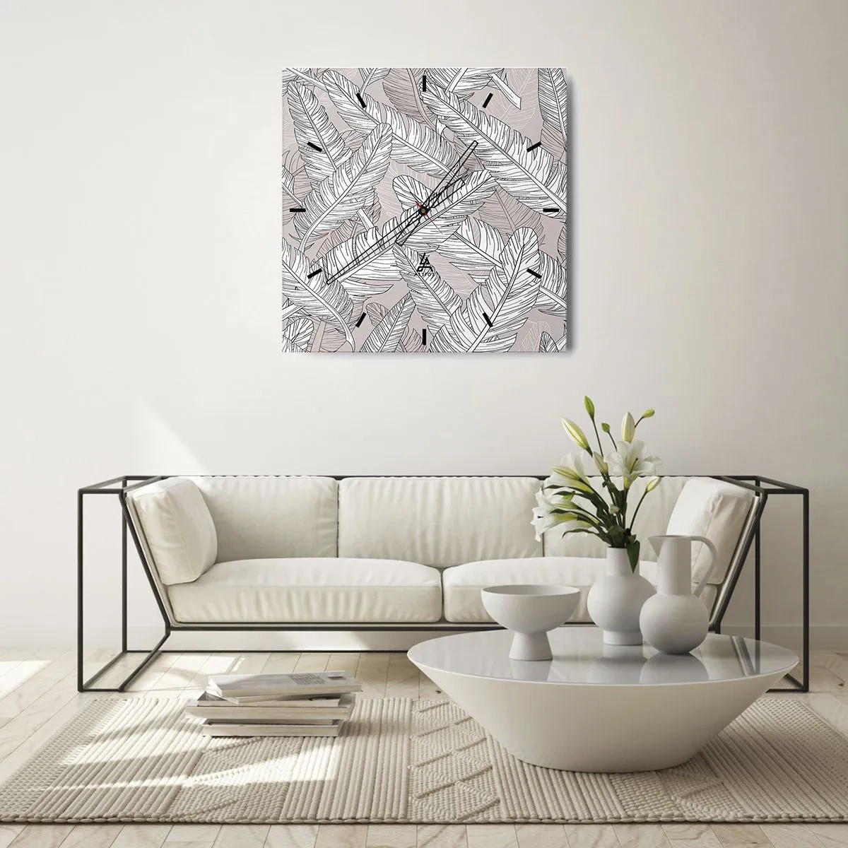 Horloge murale - Pendule murale - Motif noir et blanc avec des feuilles de bananier sur un fond clair - 30x30cm - Un tourbillon de plumes - Décoration murale moderne pour le salon et la chambre ARTTOR