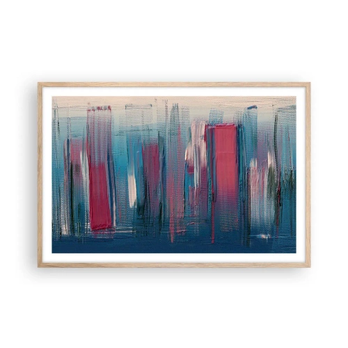 Affiche dans un chêne clair - Poster - Composition verticale en bleu et rouge - 91x61 cm