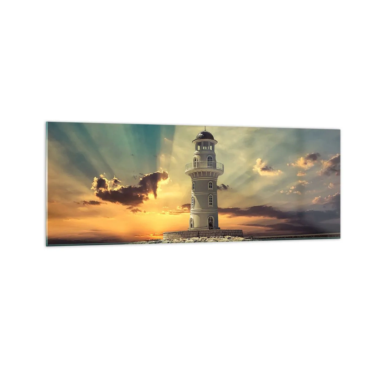 Impression sur verre - Image sur verre - Un phare au coucher du soleil contre le ciel - 140x50cm - Lumière - Bonté - Beauté - Décoration murale moderne pour le salon et la chambre ARTTOR