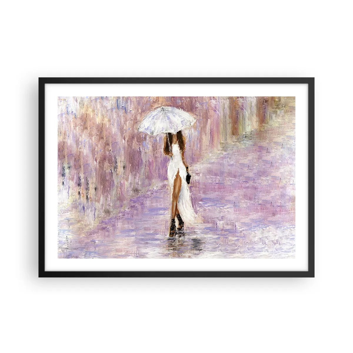 Affiche dans un cadre noir - Poster - Une femme avec un parapluie marchant sous la pluie dans des tons lilas - 70x50cm - Sous la pluie lilas - Décoration murale moderne pour le salon et la chambre ARTTOR