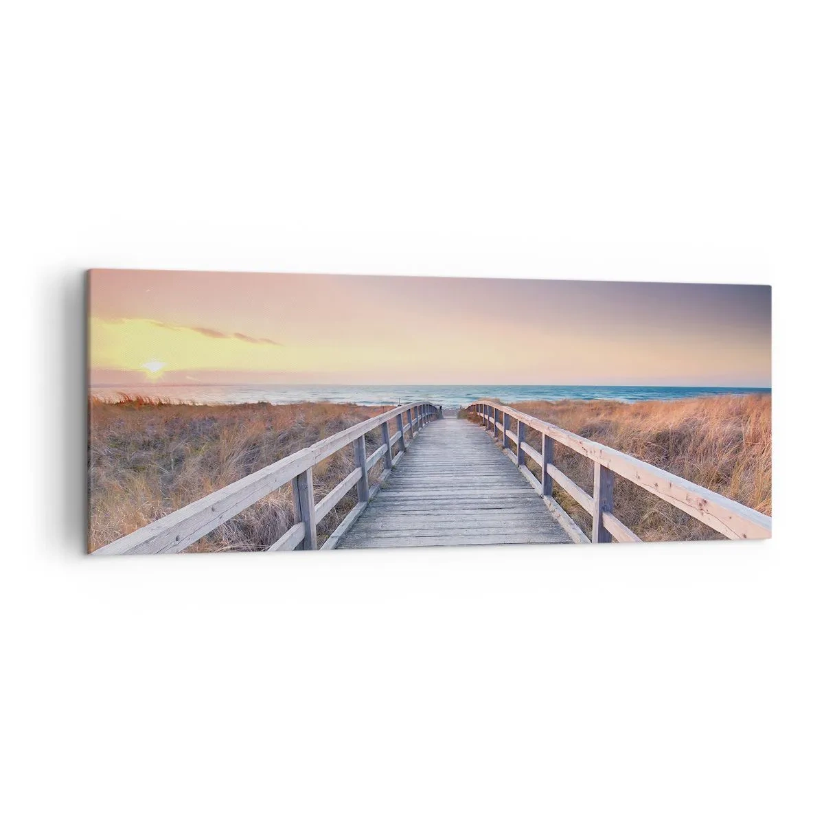 Impression sur toile - Image sur toile - Une jetée en bois menant à la plage au coucher du soleil avec le ciel peint de couleurs pastel. - 140x50cm - Aurore baltique du soir - Décoration murale moderne pour le salon et la chambre ARTTOR