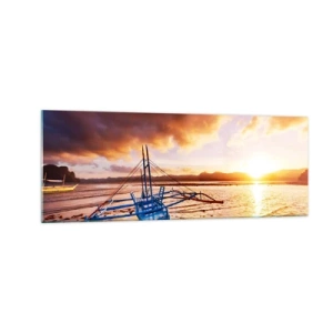Impression sur verre - Image sur verre - Bateau bleu sur la plage au coucher du soleil - 140x50cm - Allongez-vous dans le sable après une longue journée - Décoration murale moderne pour le salon et la chambre ARTTOR