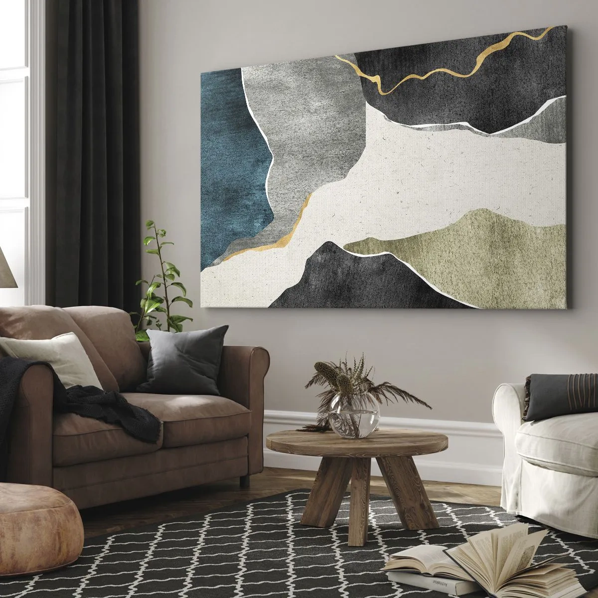 Impression sur toile - Image sur toile - Formes géométriques dans les tons de gris, vert et or - 70x50cm - Composition mosaïque avec un fil d'or - Décoration murale moderne pour le salon et la chambre ARTTOR