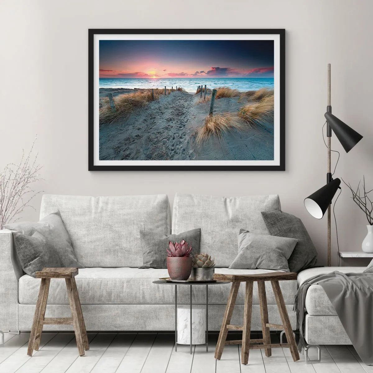 Affiche dans un cadre noir - Poster - Chemin menant à la plage au coucher du soleil - 70x50cm - Tu as versé l'éclat de l'arc-en-ciel sur les flots - Décoration murale moderne pour le salon et la chambre ARTTOR