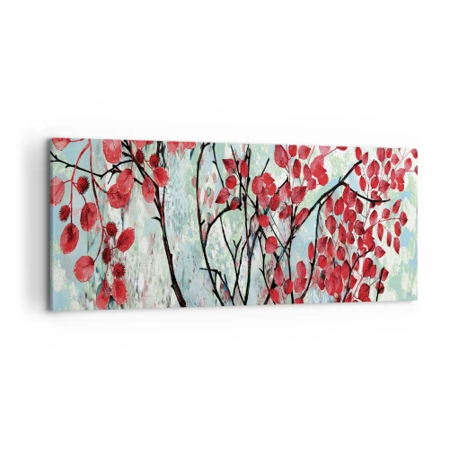 Impression sur toile - Image sur toile - Feuilles rouges sur un ciel lumineux avec des motifs abstraits - 120x50cm - Arbre en écarlate - Décoration murale moderne pour le salon et la chambre ARTTOR