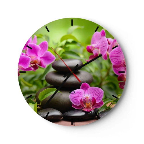 Horloge murale - Pendule murale - Pierres noires et orchidées roses sur fond vert - 30x30cm - Pyramide de la Paix - Décoration murale moderne pour le salon, la cuisine et la chambre ARTTOR