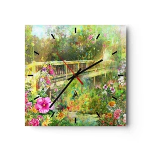 Horloge murale - Pendule murale - Un pont entouré d'une végétation luxuriante et de fleurs - 30x30cm - Le soupire d'un pont de printemps - Décoration murale moderne pour le salon et la chambre ARTTOR